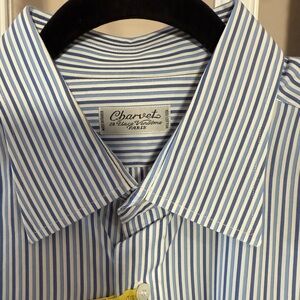❌SOLD❌  Paris Dress Shirt Men 17 1/2 44 Blue White Stripe Button Up French Cuffs